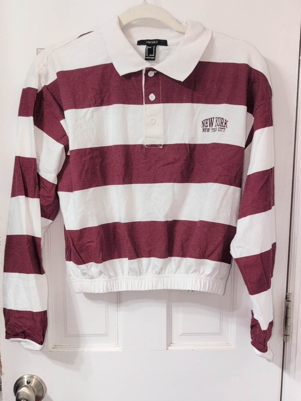Forever 21 Maroon and White Striped Cropped Rugby Polo